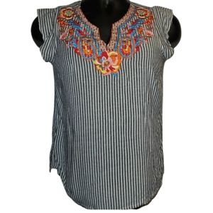 Savanna Jane Top Women's Small Stripe Floral Embroidered Flutter Sleeve Boho